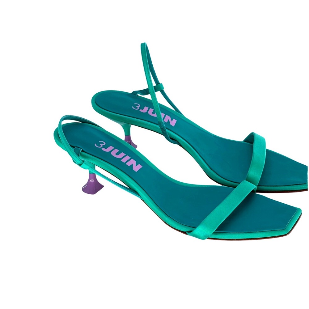 3Juin Kitten Heel Capri Kimi Sandals Women‎ Size 7.5 Mint Green Purple Open Toe